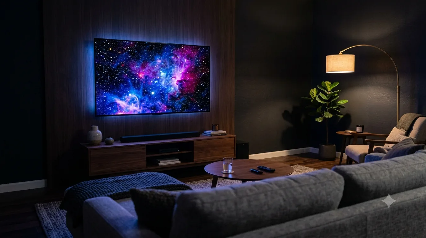 A large wall-mounted OLED television displaying a deep-space nebula in a dimly lit modern living room, showing pure black levels