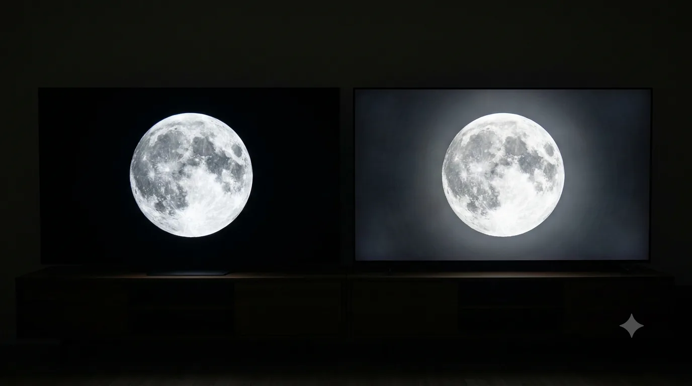 Two televisions side by side in a dark room showing the same moon image: the left with pure black background, the right with a grey halo of backlight glow around the moon