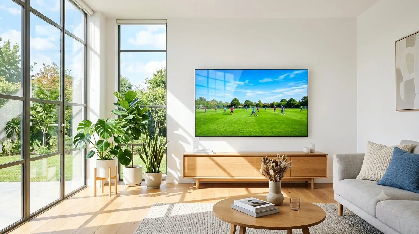 A television showing a daytime sports match staying vivid and visible in a sun-filled living room with large windows