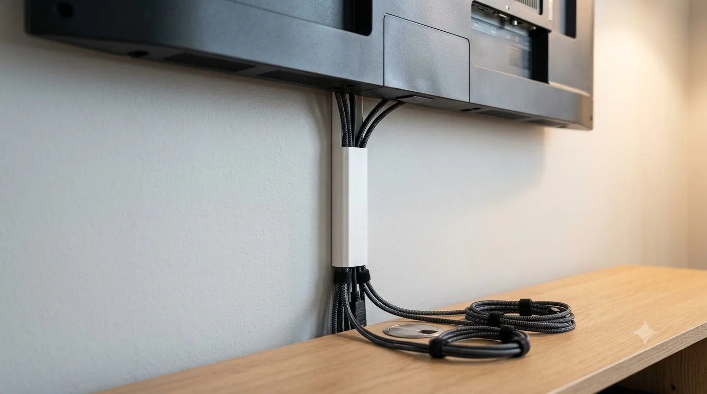 Close-up of tidy cable management behind a wall-mounted television, with braided cables routed down a slim white paintable raceway and coiled with velcro ties on the console