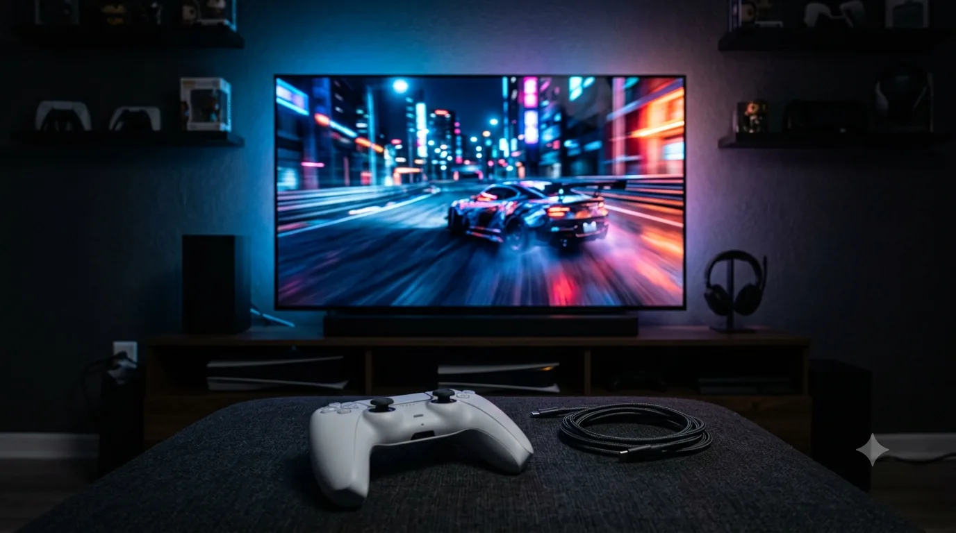 A console gaming setup at night with a large television showing a fast-motion racing game, a white controller resting on an ottoman in the foreground