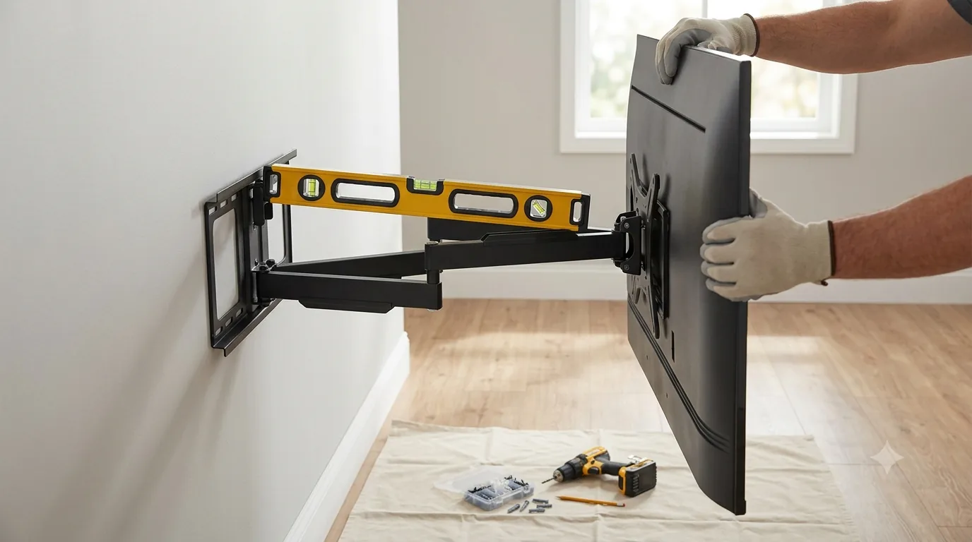 A full-motion television wall bracket fixed to a grey wall with a spirit level across it, a drill and anchors on a drop cloth below