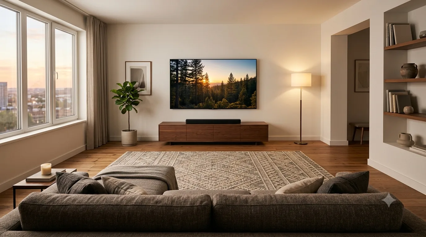 A modern living room viewed from behind a low sofa, showing the seating distance across a rug to a wall-mounted television with a soundbar on the console beneath it